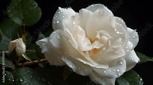 white roses, white silk, greenery, dew, pearly dewdrops, tenderness, sophistication, beauty, uniqueness. Generative AI