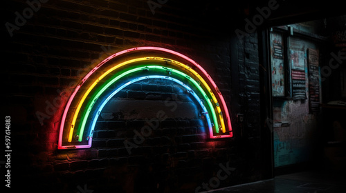 Luminescent Rainbow Neon Light/Sign Against a Brick Wall at Night - LGBTQ and Pride Themed Background - Generative AI
