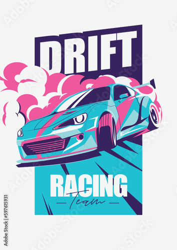 Drift race vector, japanese drift sport car design, street racing team illustration for t shirt, toyota scion drift