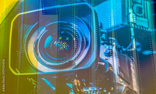 film production media film festival abstract background with film strip and camera lens