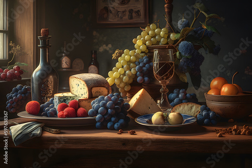 Wine, cheese and grapes in a vintage setup. Neural network AI generated art
