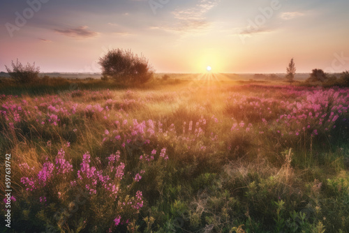 beautiful panorama rural landscape with sunrise and blossoming meadow. 
