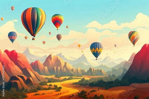 Beautiful panoramic nature landscape of countryside mountains with colorful high hot air balloons festival in summer sky. 