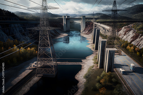 View from height on hydroelectric power station. Neural network AI generated art