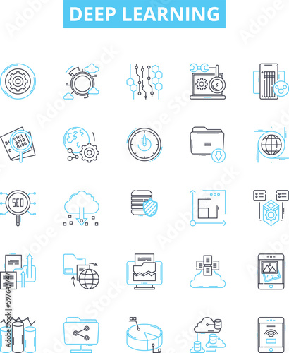 Deep learning vector line icons set. Deep, Learning, Neural, Networks, AI, Machine, Learning illustration outline concept symbols and signs