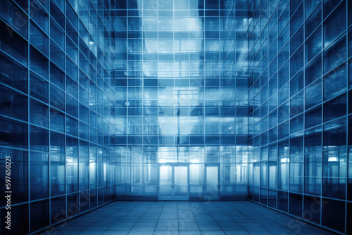 Perfectly symmetrical perspective structure, transparent light blue pure glass curtain wall.