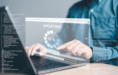 Update software application and hardware upgrade technology concept, Firmware or Operating System update, Man using computer with comfirm button and percent progress bar screen. Installing app patch.