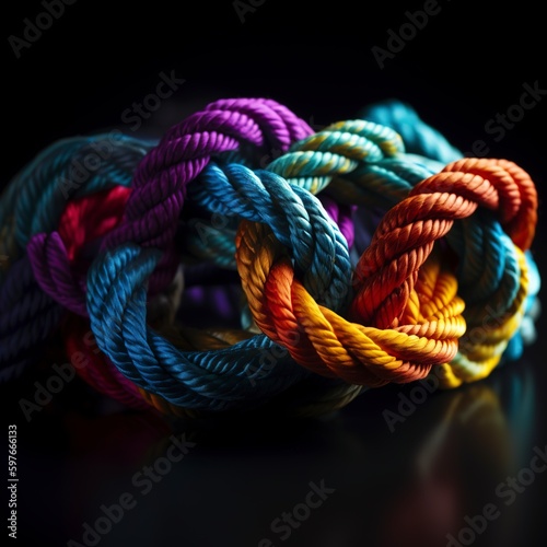 Close-up of colorful ropes tied on a black background.