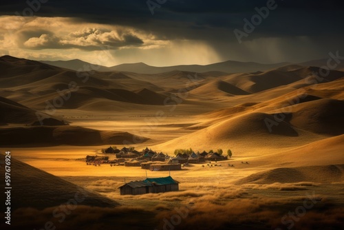 Monoglia Yurt Gert in Mongolian Valley, Stunning Scenic Sunrise Landscape Wallpaper, Generative AI 