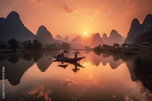 Guangxi Province China, Chinese Fishermen Boat, Li, River, Sunset, Stunning Scenic Landscape Wallpaper, Generative AI