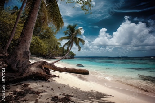 Caribbean Tropical Island Paradise, Sandy Beach at Midday with Palm Trees, Stunning Travel Scenic Landscape Wallpaper, Generative AI