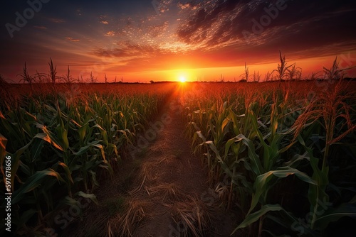 Midwest Corn Field Rows at Sunset, Stunning Scenic Landscape Wallpaper, Generative AI