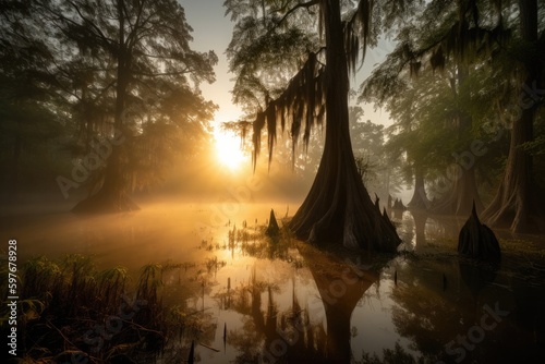 Louisiana Southern Bayou Swamp with Trees at Sunset, Stunning Scenic Landscape Wallpaper, Generative AI