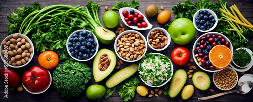 Healthy food clean eating selection: fruit, vegetable, seeds, superfood, cereal, leaf vegetable on gray concrete background. Healthy diet. Generative AI