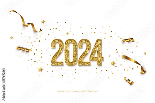 2024 Happy New Year greeting card vector template. Festive Christmas horizontal social media banner design with congratulations. Golden numbers with confetti realistic illustration on white background