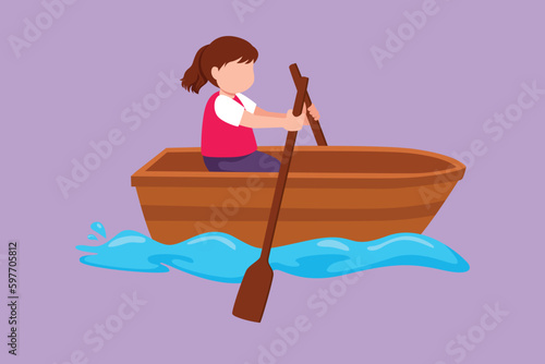 Character flat drawing cute little girl paddling boat at river. Pretty kids riding wooden boat. Kids rowing boat on lake. Happy children paddle boat on small river. Cartoon design vector illustration