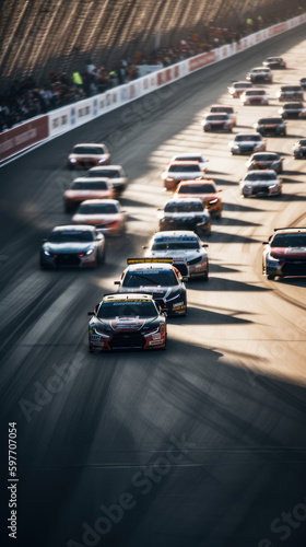 NASCAR race cars speeding on the straightaway towards the finish line, generative ai