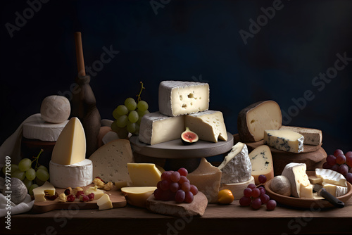 Assortment of cheeses. Various types of cheese on dark background. AI generated