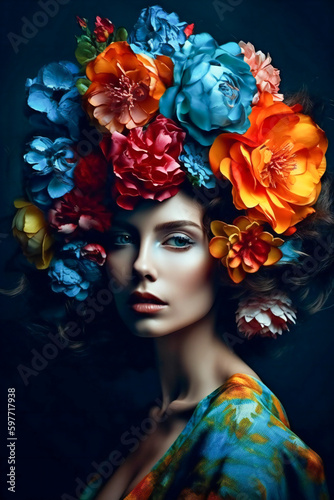 Fantasy fashion illustration of a young woman wearing colorful flowers in her hair. Created with Generative AI technology.