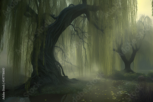 misty forest in the swamp, weeping willow tree, Generative AI