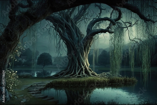 weeping willow tree illustration in a magical fantasy landscape, Generative AI