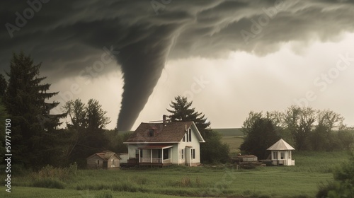 A house in a field with a tornado in the background, generative ai