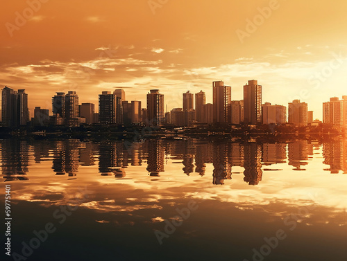  A breathtaking sunset illuminates a city skyline as it reflects on the calm waters of a river or sea, creating a serene and magical scene.