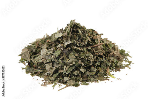 Pile of dried melissa leaves (Melissa officinalis), isolated on white background