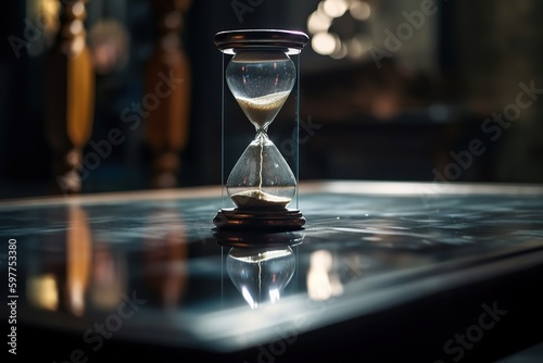 Beautiful graceful hourglass on a glossy table with a reflective surface. Generative AI