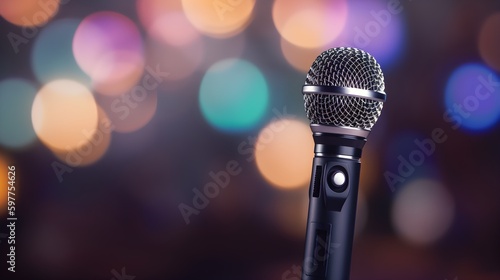 Microphone focused against blurred colorful background, business background for speaker or communication banner, Marketing banner background for public speaking concept 