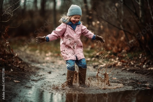 Happy little girl jumps in a puddle with rubber boots created with generative AI technology.