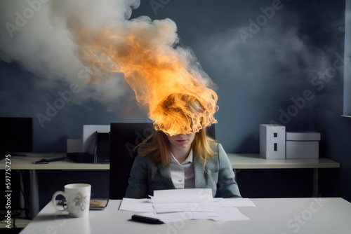 burnout woman at work in office with head on fire due to stress, created with generative ai 