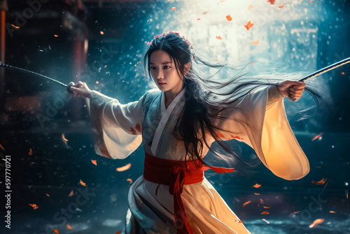 In fantasy style, Chinese warrior girl dressed in traditional attire practicing a fighting dance amidst flowing petals in a vintage temple. generative AI