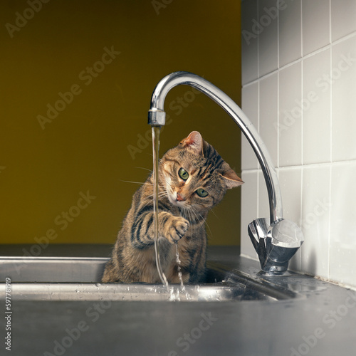 Young tabby cat playing with the water from the water tap in the kitchen 
