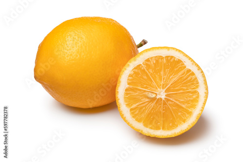 Whole and halved fresh Meyer lemon close up isolated on white background