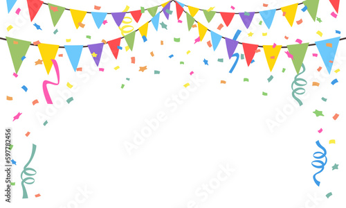 Celebrate hanging triangular garlands with confetti. Colorful perspective flags party isolated on white background. Birthday, Christmas, anniversary, and festival fair concept. Vector illustration.