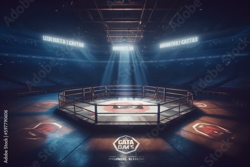 Illustration of a 3D MMA fighting cage arena. Generative AI