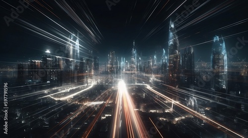 warp speed in hyper loop with blur light from buildings' lights in mega city at night. generative AI 