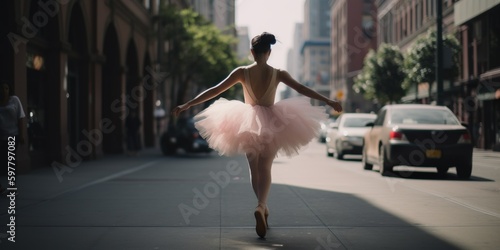Rear view of a person wearing a tutu and ballet slippers, skipping down a city street, concept of Freedom of expression, created with Generative AI technology