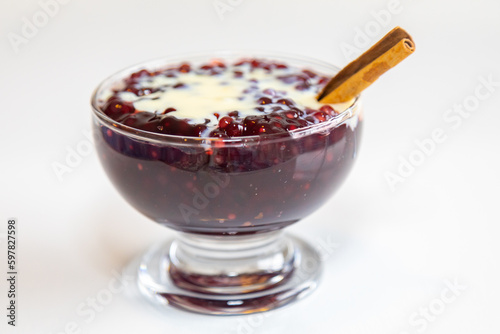 Red wine sago with vanilla cream, traditional cultural dessert from southern Brazil. gaucho culture