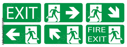 Fire exit sign, vector illustration. Green signs. ESP 10.