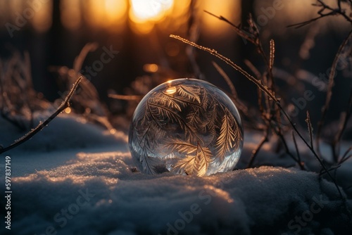 A mystical quartz ball rests on snow against a winter evening background. A perfect addition for the winter solstice and Yule rituals. Generative AI