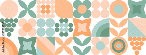 Trendy seamless geometric pattern of squares and circles, flat cartoon sketch summer background. Minimalistic natural figures of simple shapes in pastel shades.