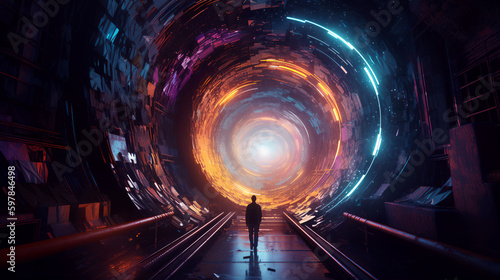 A colorful image in blue and orange colors depicting an unknown figure walking towards a wormhole. The image evokes a sense of mystery and adventure. Generative AI.