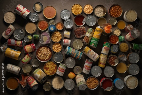 Overhead view of canned goods, non-perishable food, and toilet paper. Generative AI