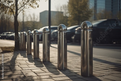 Metal bollards are placed along the pedestrian walkway next to the parking lot. These are barrier poles made of stainless steel. Generative AI
