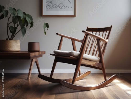 A wooden rocking chair with a sleek and modern design, perfect for a minimalist nursery or living room