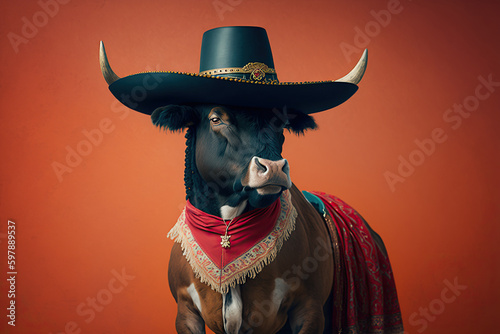 proud bull in matador clothes, created with Generative AI technology