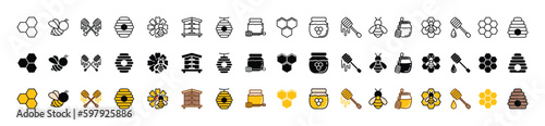 Honey and beekeeping line, flat, and color icons vector set with editable stroke. Bee, beehive, honeycomb, honey, hive, jar, spoons, flower icons collection on white background. Vector illustration