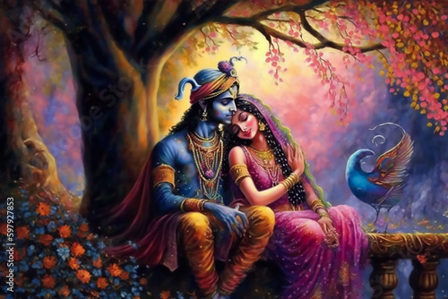 Divine love story of Hindu gods Radha and Krishna through a contemporary art